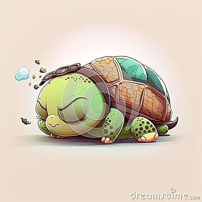 Green childish turtle on a color background. Color illustration. Generative AI Stock Photo