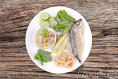 Green chili dip as Nam Prik Num with set. Stock Photo