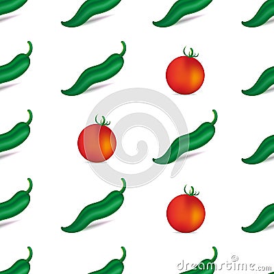 Green chili peppers and tomatoes with shadow. Seamless pattern. Isolated on white background. Vector illustration. Vector Illustration