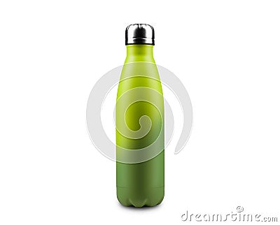 Green with chive color of steel thermo bottle for water isolated on white background. Stock Photo