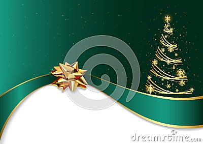 Green Christmas Background with Golden Bow and Tree Vector Illustration