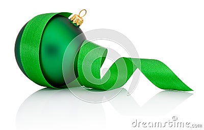 Green Christmas ball covered with curled ribbon Isolated Stock Photo