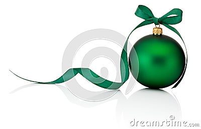 Green Christmas ball with ribbon bow Isolated on white background Stock Photo