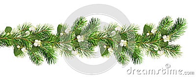 Green Christmas pine twigs and snowberries in a festive garland isolated on white Stock Photo