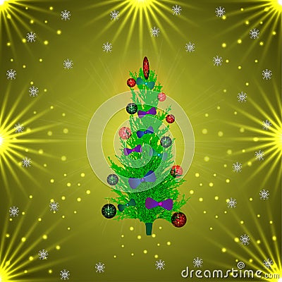 Green Christmas tree in balls and bows. golden background Vector Illustration. Vector Illustration