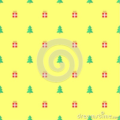 Green Christmas tree and gifts on yellow background Vector Illustration