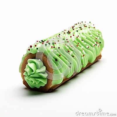 Green Christmas Tree Yule Log With Sprinkles - Festive Dessert Stock Photo