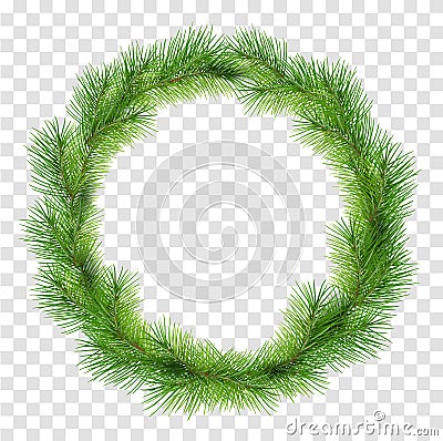 Green christmas wreath of fir pine branches isolated on transparent background Vector Illustration