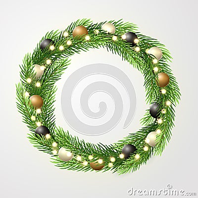 Green Christmas wreath with incandescent light string, fir-tree branches and christmas decorations. Vector template Cartoon Illustration