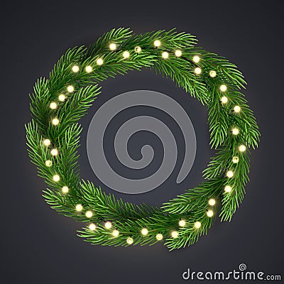 Green Christmas wreath with incandescent light string and pine tree branches. Vector template, space for text. Vector Illustration