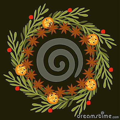 Green Christmas wreath made from Branches, Anise stars, Red berries and Orange. Mulled wine ingredients. Holiday decoration, Vector Illustration