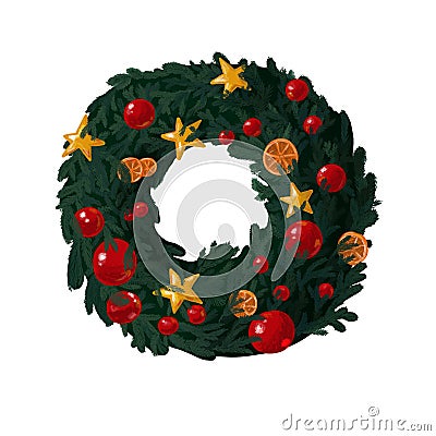 Green Christmas wreath with yellow stars and red Christmas balls Cartoon Illustration