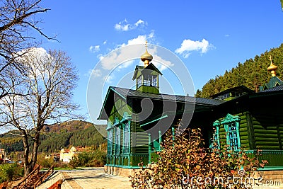 A Green Church in a Small Ancient Town Stock Photo