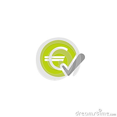 Green circle with euro sign and grey ok tick. Flat icon. Isolated on white. Pay sign. Accept button. Check box. Cartoon Illustration
