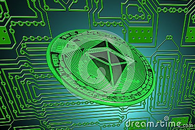 green circuit board and a valueable green ether coin from ethereum crypto currency oblique Editorial Stock Photo