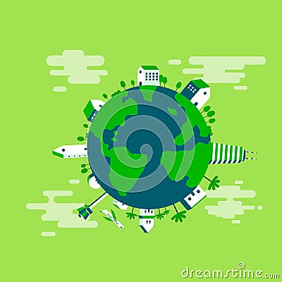 Green city eco planet with clouds background. Vector Illustration