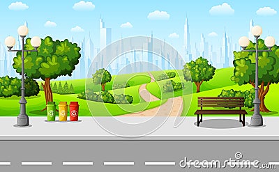 Green city park with bench and streetlight on suburban Vector Illustration