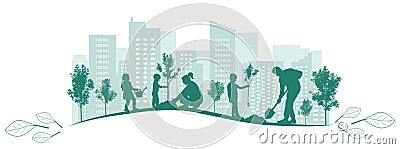 Green city. Planting trees by large family in yard, park. Landscaping of town. Vector illustration Vector Illustration