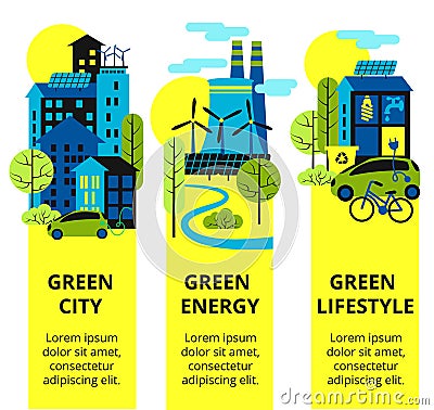 Green city set. Environmental protection, ecology concept vertical banners set. Vector illustration. Eco-city, green Vector Illustration