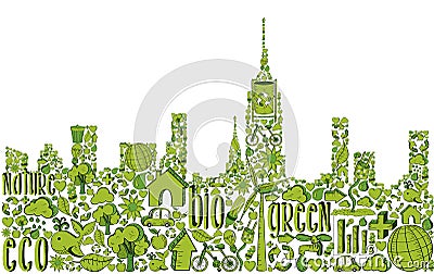 Green city silhouette with environmental icons Vector Illustration