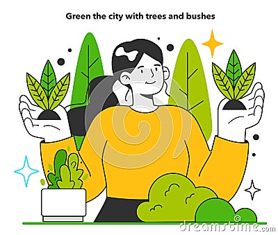 Green the city with trees and bushes for energy efficiency in the city. Vector Illustration