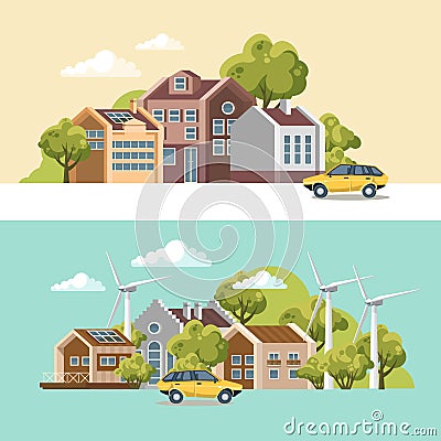 Green city vector concept. Infographic with set of buildings, infrastructure, modern technology and plants. Wind power stations Vector Illustration