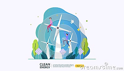 green clean energy sources. renewable electric sun solar panel and wind turbines. environmental concept with people character. web Vector Illustration