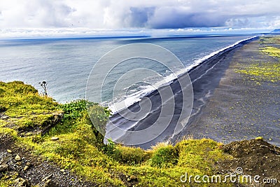 Green Cliff Waves Peebles Dyrholaey Park Reynisfjara Black Sand Beach Iceland Stock Photo