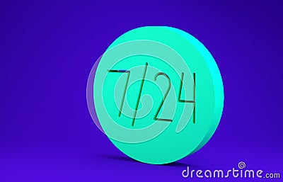 Green Clock 24 hours icon isolated on blue background. All day cyclic icon. 24 hours service symbol. 3d illustration 3D Cartoon Illustration