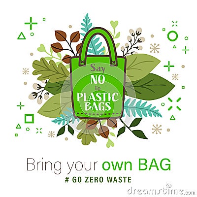 Green Cloth bag with Say no to plastic bags word on leaves background Vector Illustration