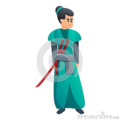 Green clothes samurai icon, cartoon style Vector Illustration