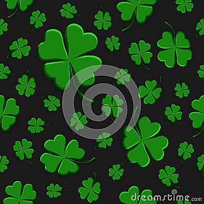 Seamless pattern green clover leaf decorative on a dark black background Vector Illustration