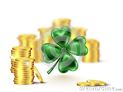 Green clover leaf, vector illustration for St. Patrick day. Blured stack of coins and four-leaf on white background Vector Illustration