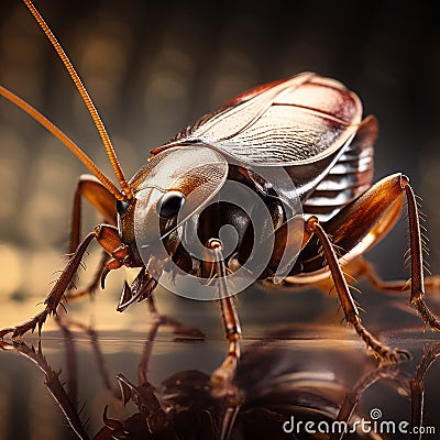 Intense Gaze A Photorealistic Image Of A Cockroach On A Shiny Surface Stock Photo