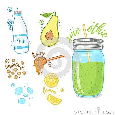 Green cocktail for healthy life. Smoothies with avocado, cow milk, honey and hazelnut. Recipe fruit smoothie in a glass Vector Illustration