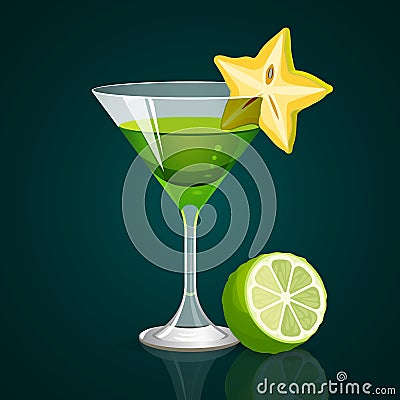 Green cocktail with lime part below on dark background Vector Illustration