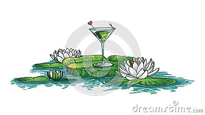 Green cocktail and waterlilies in water Vector Illustration