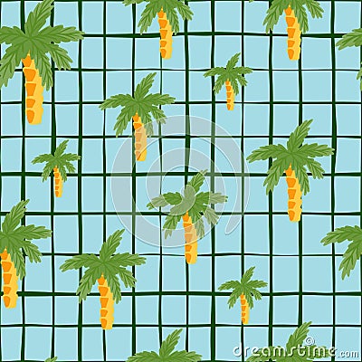 Green coconut palm silhouettes seamless doodle pattern. Blue chequered background. Random tropic artwork Cartoon Illustration