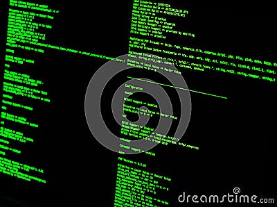 Green code in command line interface on black background. UNIX bash shell Stock Photo