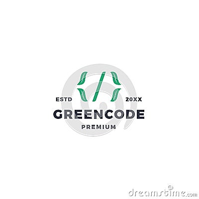 Green code with leaf and coding symbol with slash and parentheses Vector Illustration