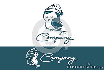 Green Color Abstract Sleeping Owl Bird Logo Design Conceptg Bird with Crown Logo Design Concept Vector Illustration