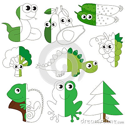 Green Color Animals, Fruits and Vegetables, the big kid game to be colored by example half. Vector Illustration