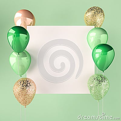 Green color and golden balloons with sequins and white sticker. Green background for social media. 3D render for birthday party. Cartoon Illustration