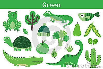Green color objects set. Learning colors for kids. Cute elements collection Vector Illustration