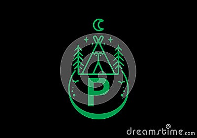 Green color of P initial letter in camping circle badge Vector Illustration