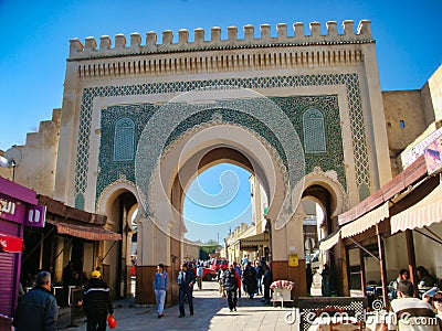 The green color side of the iconic gate to the old Fes medina Editorial Stock Photo