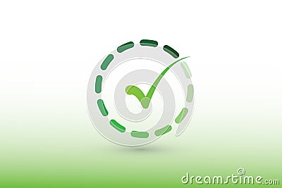 A green color tick mark or sign inside dashed circle vector illustration on white background to show correct answer and approval Vector Illustration