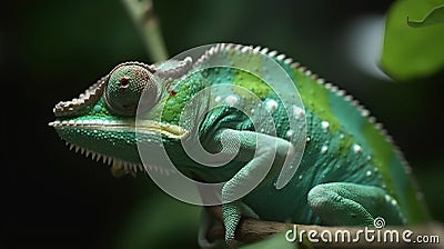 Green colored chameleon catching insect, slow motion, close up Stock Photo