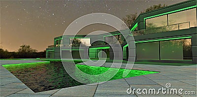 Green-colored light as a backlight for the facade of a club country hotel in the dead of night. Reflection of light in the pool. Cartoon Illustration