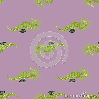 Green colored seahorse doodle ornament seamless pattern. Purple pastel background. Animal aquatic print Vector Illustration